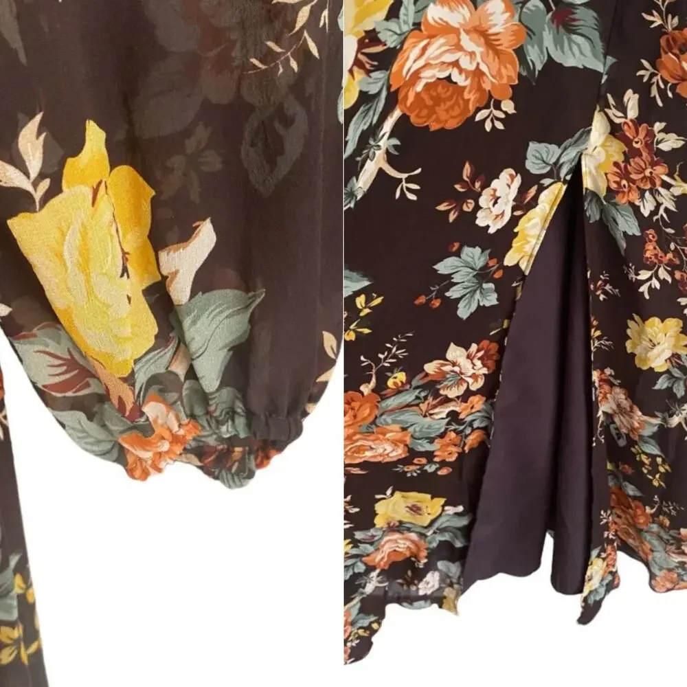 Silk Floral Wrap Maxi Dress Long Sleeve Lagenlook Boho Cottagecore Festival 4 - Picture 7 of 10